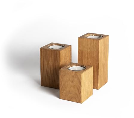 Handgefertigter Teelichthalter aus Eiche – Holz Kerzenhalter in 3 Höhen (8, 11, & 14cm), massiv & modern, Teelichthalter Set für Tischdeko, Geschenk & Wohnzimmer (3er Set (8, 11 & 14cm))