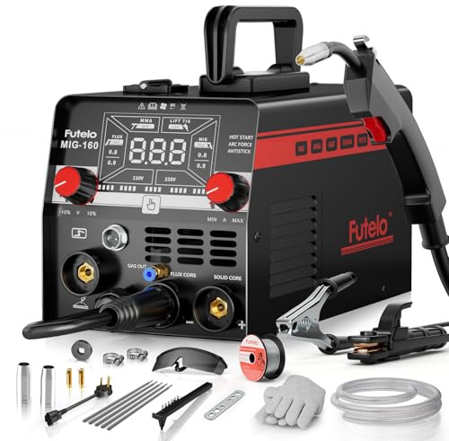 Futelo 160A MIG Welder, 4 in 1 Gas/Gasless MIG Flux Core/Lift TIG/Stick Welder Machine 110V 220V with Large LED Display, Portable IGBT Inverter with Synergy for Metal Repair and Beginners