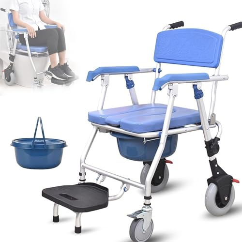 Silla Orinal Para Personas Mayores, Sillas De Ducha Con Respaldo Y Cubo De Inodoro, Silla Ruedas Plegable Con 4 Ruedas Bloqueables, Asiento Blando, Para Enfermos, Ancianos Soporta Hasta 150 Kg