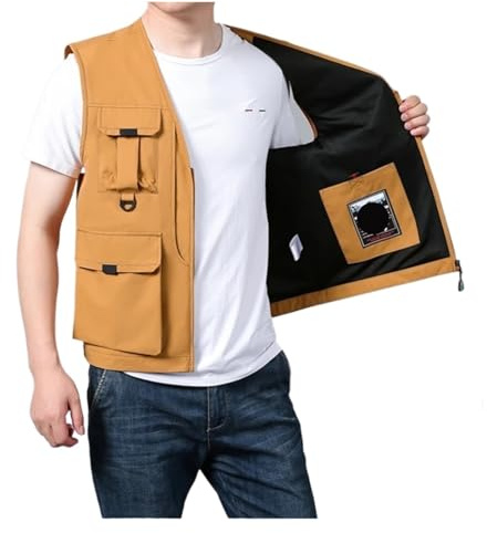 RUWLFE Gilet Multi-Poches Grande Taille for Hommes et Femmes, Gilet de pêche Sportif en Plein air, vêtements Travail, Photographie, Cargo décontracté pour Chasse(Orange,5XL)