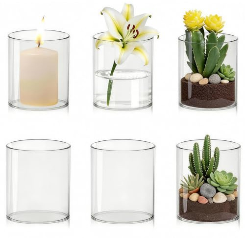 6 Stück Glasvase Zylinder, 8 × 6.5cm Vase Glas für Tischdeko, Multifunktionale Vasen Klein Tischdeko, Frische Blumen, Kerzen und Aromatherapie