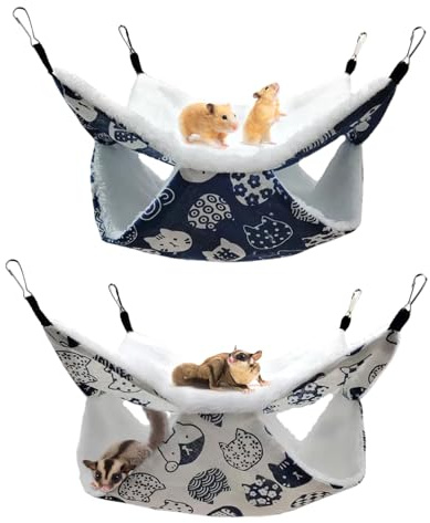 Meerschweinchen Hängematte,2 Stück mit Metallhaken(30×30 cm/Weiß+Blau) | Hängematte für Kleintiere,Doppeldecker Weicher Plüsch Ratten Hängematten für Hamster Frettchen Eichhörnchen Sugar Glider