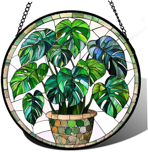 DAGLLGEW Buntglas-Pflanze, 15, 2 cm großer Sonnenfänger mit Kette, lebendiger Buntglas-Fensterbehang für Frauen, Männer, Mütter, Pflanzenliebhaber, Fensterbehang