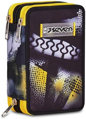 Seven GOLDEN PAINT Skolväska 3 blixtlås, svart utrustad pennhållare, trippelfack, 45 stycken, komplett med pennor, färgpennor, tillbehör ryggsäck, grundskola, dagis, för barn