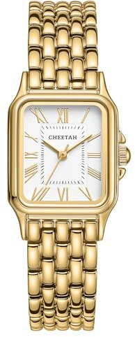 CHEETAH Gold Watches for Women with Vintage Rectangular Case,26mm Case Diameter,Gold Roman Numerals,Metal Steel Band,3ATM Waterproof