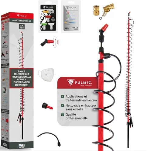 PULMIC Kit Pulverización Profesional Completo, Lanza Telescópica 5 m Fibra Vidrio/Carbono + Adaptador 180° Quick Connect + Adaptador M18 + Kit 4 Boquillas Industriales, Compatible Pulverizadores