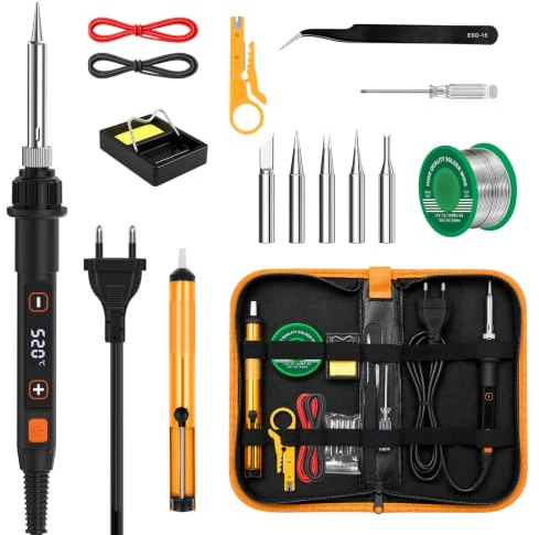Fer à Souder 80W avec LED 180-520°C Chauffage Rapide en 10s Kit Soudure | 15-en-1 pour Réparation Électronique, DIY, Circuits Imprimés Fil de Soudure, 5 Embouts Interchangeables, Pompe à Dessouder