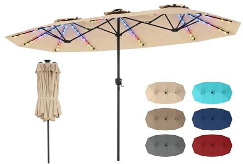 COSTWAY Ombrellone Giardino Doppio 375x200 cm, 108 Luci LED (Beige) | con Manovella, Anti-UV, 12 Stecche Metalliche, per Terrazza, Piscina e Cortile