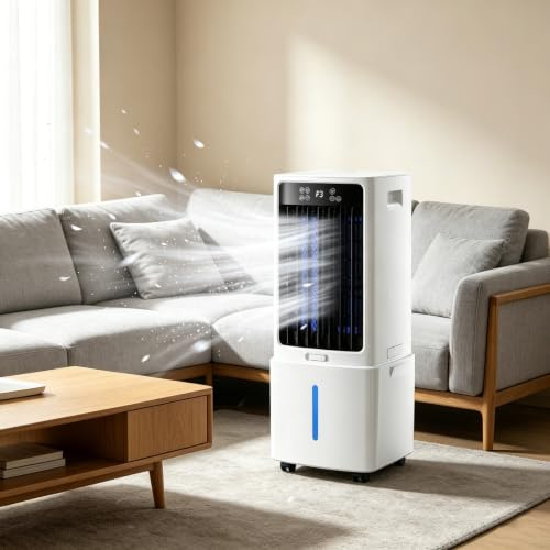 Aire Acondicionado Portátil sin Ventana con Control Remoto, Enfriador Evaporativo 3 en 1, 3 Velocidades, Temporizador de 12 Horas, Bolsas de Hielo, para Casa, Garaje, Restaurante y Exteriores