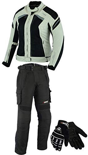 BOSmoto DAMEN MOTORRADKOMBI JACKE + HOSE + HANDSCHUHEN - BIKE MOTORRAD ROCKER TOURING in verschiedenen farben (M, Grau)