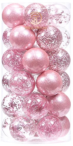 Sea Team 30-Pack Shatterproof Christmas Baubles 60mm Pink | Clear Plastic, Stuffed Delicate Decorations, Hanging for Xmas Tree, 2.36 Inch, Set