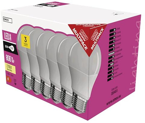 EMOS LED Lampe 6er Pack, 8,5W ersetzt 60 W Glühbirne, A60, E27 Sockel, Lichtleistung 806 Lumen, Warmweiß – 2700 Kelvin, 30000 Stunden Lebensdauer