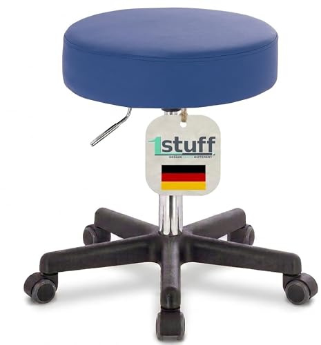 1stuff XL Profi Rollhocker, 40cm Sitzbreite, Sitzhöhe bis 70cm, Blau | 1stuff-Qualität vom Fachhändler, Studiohocker höhenverstellbar, Drehhocker 360°, Bürohocker, große Sitzfläche, PU-Rollen