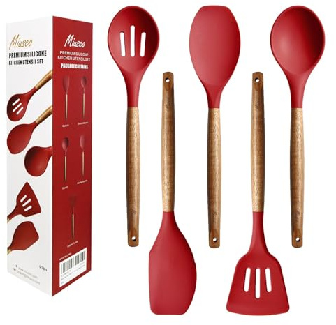 Miusco Silicone Cooking Spoon Set, Non-Stick Silicone Kitchen Utensils Set, 5 Pieces, Kitchen Utensil Set with Acacia Hardwood Handle, Red, BPA-Free, Silicone Kitchen Utensil Set for Baking & Serving