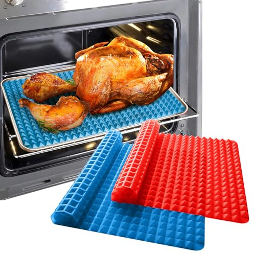 FINGER TEN Silicone Pyramid Baking Sheet Oven Mat (2 PCS, Blue&Red) | Pyramid Texture for Even Heat Circulation, Non Stick Silicone Easy Food Release, Heat Resistant, Reusable Healthy Cooking Mat