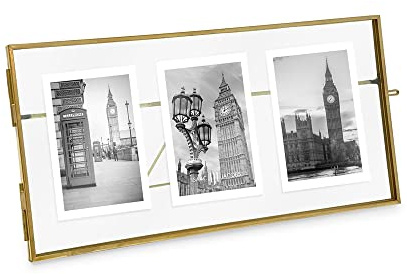 Isaac Jacobs 3-Photo Vintage Style Glass and Metal Floating Picture Frame (Horizontal) w/Locket Closure; (Fits 3 2x3 photos) for Photos, Art, & More, Tabletop Display (Three-2x3, Antique Gold)