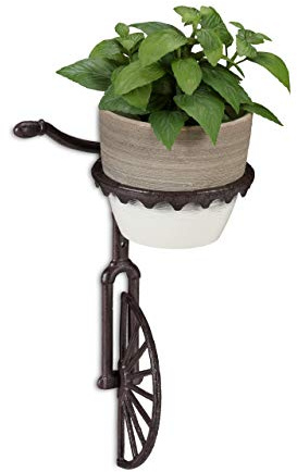 Relaxdays 2 x Wand Blumenhalter Einrad, Gusseisen, Deko Wandblumentopfhalter für draußen, wetterfest, Ø 13 cm, Dunkelbraun