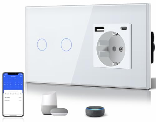 BSEED WLAN Lichtschalter(Neutralleiter Erforderlich), 2 Fach 1 Weg wifi Schalter mit Non-Wifi Steckdose USB C aus Glas, Smart Schalter Kompatibel mit Alexa/Tuya/Google Home/SAMRT LIFE, Weiß