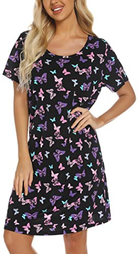 ENJOYNIGHT - Camisón de algodón para mujer, camiseta de dormir de manga corta con estampado, ropa de dormir suave, ropa de estar por casa, negro/mariposa, 3XL