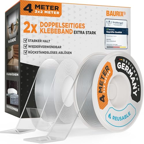 BAURIX® Doppelseitiges Klebeband 2x2 m – Nano Tape, extra stark | Nano Tape für Wand, Teppich & Deko. Transparent, waschbar & wiederverwendbar, ideal für DIY & Profi-Einsatz.