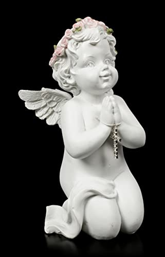 Weiße Engel Figur betend mit Kreuz und Rosenkranz 17,5 cm | Cherubim Putte Deko Liebe