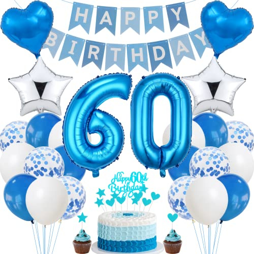 Jrzyhi 60. Geburtstag Dekoration - Blau Tortendeko für Männer und Frauen, Party Deko Silber, Geburtstagsdeko 60 Jahre