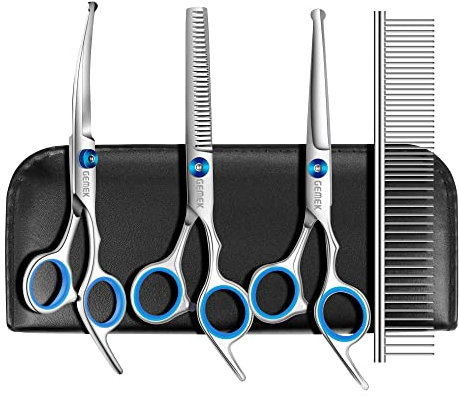 GEMEK Professionelle Pflegeschere für Hunde mit runden Sicherheitsspitzen, Hundepflege Schere Set - Ausdünnen, gerade, gebogene Schere und Kamm für lange kurze Haare für Hund Katze Haustier
