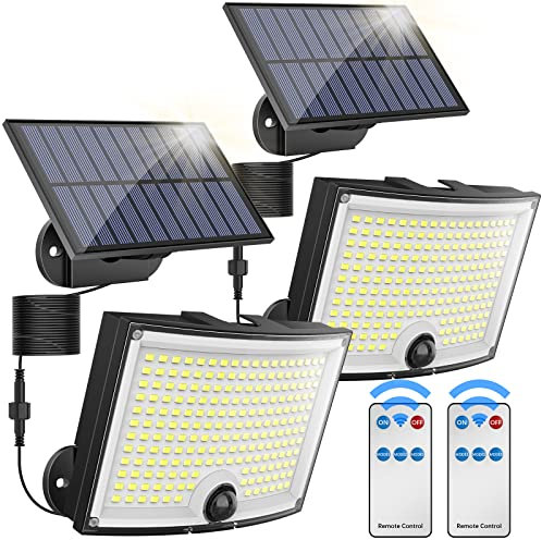 KagoLing 202 LED Luces solares para exteriores con sensor de movimiento impermeable IP65, ángulo de iluminación 120°, 2 luces de pared solar para jardín con cable de 5 m