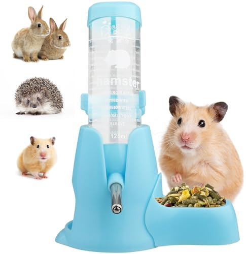 Diyife Hamster Drickflaska, [125 ML] Vattenflaska för Husdjur, Inget Vattenläckage, Automatisk Vattendricksdispenser Matskål Golvgrotta 3-i-1 för Kaniner, Chinchilla, Igelkott, Ekorre – Blå
