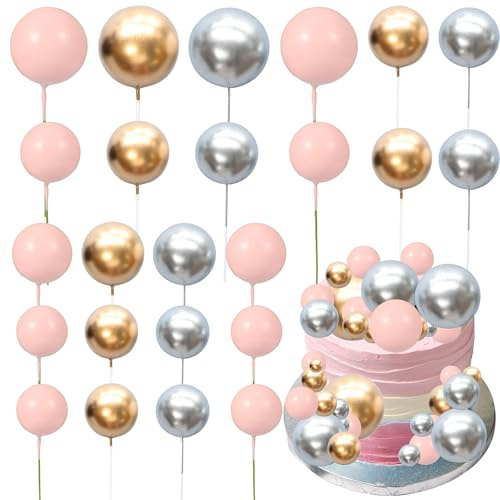 Gyufise Lot de 30 mini boules de décoration de gâteau en mousse pour fête prénatale, mariage, anniversaire de mariage, fête d'anniversaire d'enfants, dorées, argentées, roses