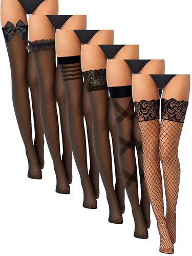 Janmercy 6 Pairs Thigh High Stockings Fishnet Stockings Lace Top Fishnet Lingerie Over the Knee Fish Net Stocking Tights High (Classic Style)