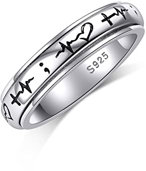 Fidget Ring Sterling Silber Herzschlag Angst Ring Semikolon Spinner Band Ring Stress Entlastung Schmuck Geschenke für Frauen Männer (Semikolon Spinner Ring, 7)
