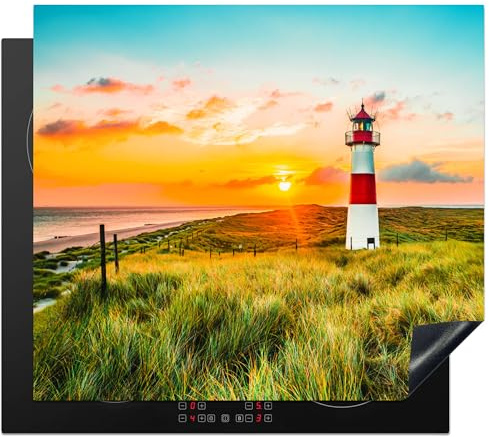 KitchenYeah© Herdabdeckplatte Einteilig Herdabdeckung Abdeckplatte für | 60x52 cm - Ceranfeld Abdeckung Induktionskochfeld Aufrollbare Matte Leuchtturm - Sonne - Landschaft - Gras - Strand - Meer