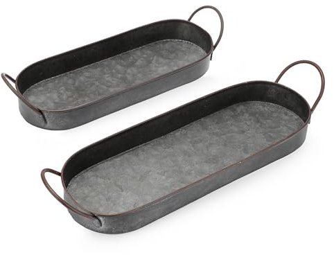 BSTKEY 2 Sizes Oval Metal Iron Serving Tray Countertop Platter with Handles, Industrial Farmhouse Style Decorative Tray Serving Tray Tin Glitzhome Galvanized Tray Storage