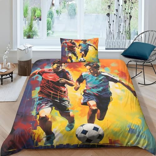 OPSREY Football Field Fermeture À Glissière Parure De Lit Microfibre Douce Soccer Literie Doux Et Souple Housse De Couette Lavable Linge De Lit Chaleur Comfort Cover Single（135x200cm）