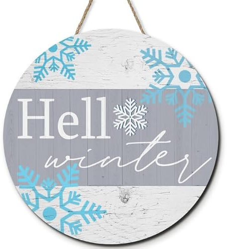 Horienteeon Hello Winter Schild für Haustür-Dekoration, Winter-Willkommens-Bauernhaus-Holz-Türhänger für den Außenbereich, Veranda, rustikale Schneeflocken, Holzkranz, Wandbehang, Dekoration, 30 cm