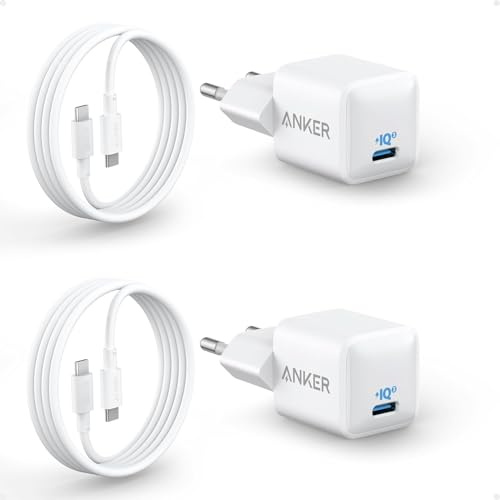 Anker Nano 20W USB C Ladegerät, PIQ 3.0 kompaktes Schnellladegeräte + 2 180cm USB C Kabel, iPad Ladegerät für iPhone 16/15/iPad Pro (Doppelset, 2X Netzteil & 2 Kabel)
