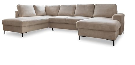 Bestmobilier - Canapé Panoramique d'angle Convertible avec Coffre - Angle Gauche - Lilly en Velours Côtelé - Canapé Lit - Grand Sofa XXL Beige 7 Places - Salon