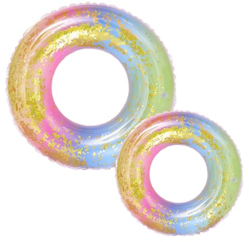 2 Pack Glitter Rainbow Swim Rings 70 cm and 90 cm, PVC Pool Floats for Kids and Adults, Sparkly Inflatable Swimming Rings for Pool, Beach and Summer Fun