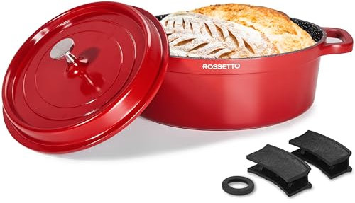 ROSSETTO 10,6L Cocotte ovale en fonte d’aluminium, revêtement antiadhérent en céramique. Couvercle avec picots saveurs. Compatible tous feux dont induction et au four jusqu’à 220° (38cm, Rouge)