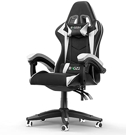 bigzzia Silla Gaming,Silla Ergonómica Gaming,Altura Regulable Silla con Apoyo Lumbar y Reposacabezas, Respaldo Inclinable hasta 155° (NingúN RGB, Blanco)