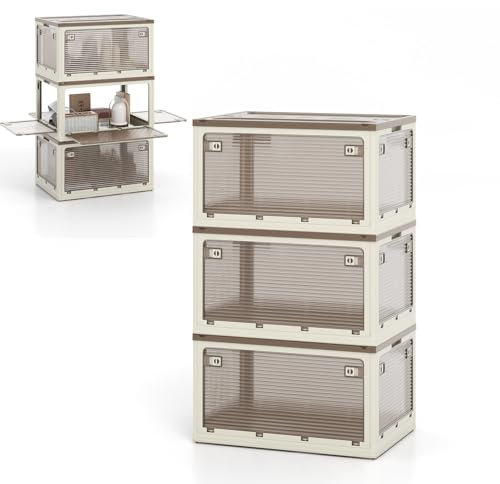 GOPLUS Aufbewahrungsbox mit Deckel, stapelbare Ordnungsbox mit Rollen & klappbaren Türen, 3 x 98 L Aufbewahrungsbehälter Stapelbox Klappbox Schuhboxen für Wohnzimmer & Schlafzimmer (Weiß)