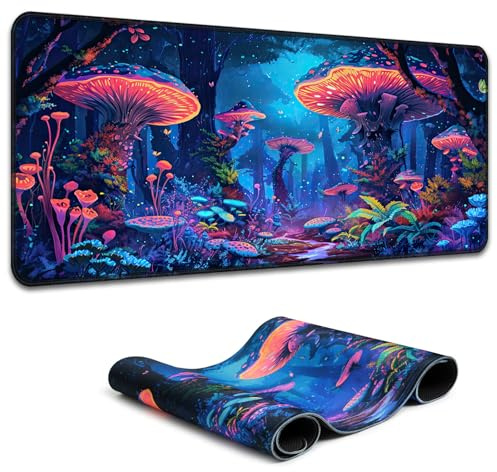 Simpkeely Fantasy Pilz Mauspad, Blacklight Gaming Wald, Wasserdicht, Verlängertes Großes Schreibtischpad, UV, Computer Tastatur Mausmatte, 3mm rutschfeste Gummibasis für Büro Zuhause - 80 x 30 cm