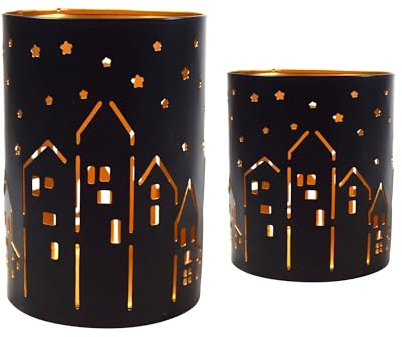 2 x Windlicht mit Häuserreihe | schwarz Gold | Laterne Herbst Winter | 10-15 cm