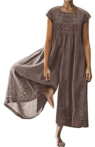 Dam rem overaller säckiga byxor byxor kostym kvinnor solid lång sparkdräkt kortärmad rund hals dragkedja lös overall färg v-hals halter rygglös overall, Brun, M