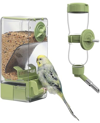Mangiatoia e Distributore d'Acqua per Uccelli, Mangiatoia Automatica con Posatoio per Gabbia per Pappagallini, Canarini, Cockatiel, Fringuelli, Budgerigar (Verde)