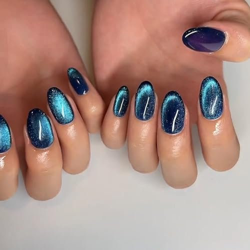 Cat Eye False Nails - Glitter Blue Press On Nails - 24Pcs Almond Fake Nails - French Style Stick on Full Cover Acrylic Almond False Nail Tips for Women Girls Nail Art