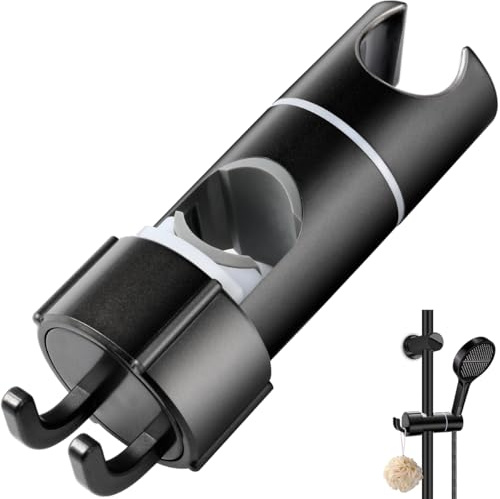 Universal Duschkopfhalterung 16-27mm Verstellbar, 360° Drehbar mit Schiebeklemme + 2 Haken, für Gleit-/Duschstange Badezimmer Ersatz Shower Head Holder (Schwarz)