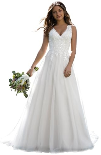 JAEDEN Brautkleid Damen V-Ausschnitt Braut Standesamtkleider Lang Spitze Hochzeitskleider A-Linie Weiß 36
