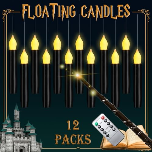 Lezonic 12Pcs Floating Candles with Wand and Remote, Magic Black Flameless Candles Battery Operated, Flikering Hanging LED Taper Candlesticks Halloween Decorations, 0.8 x 6